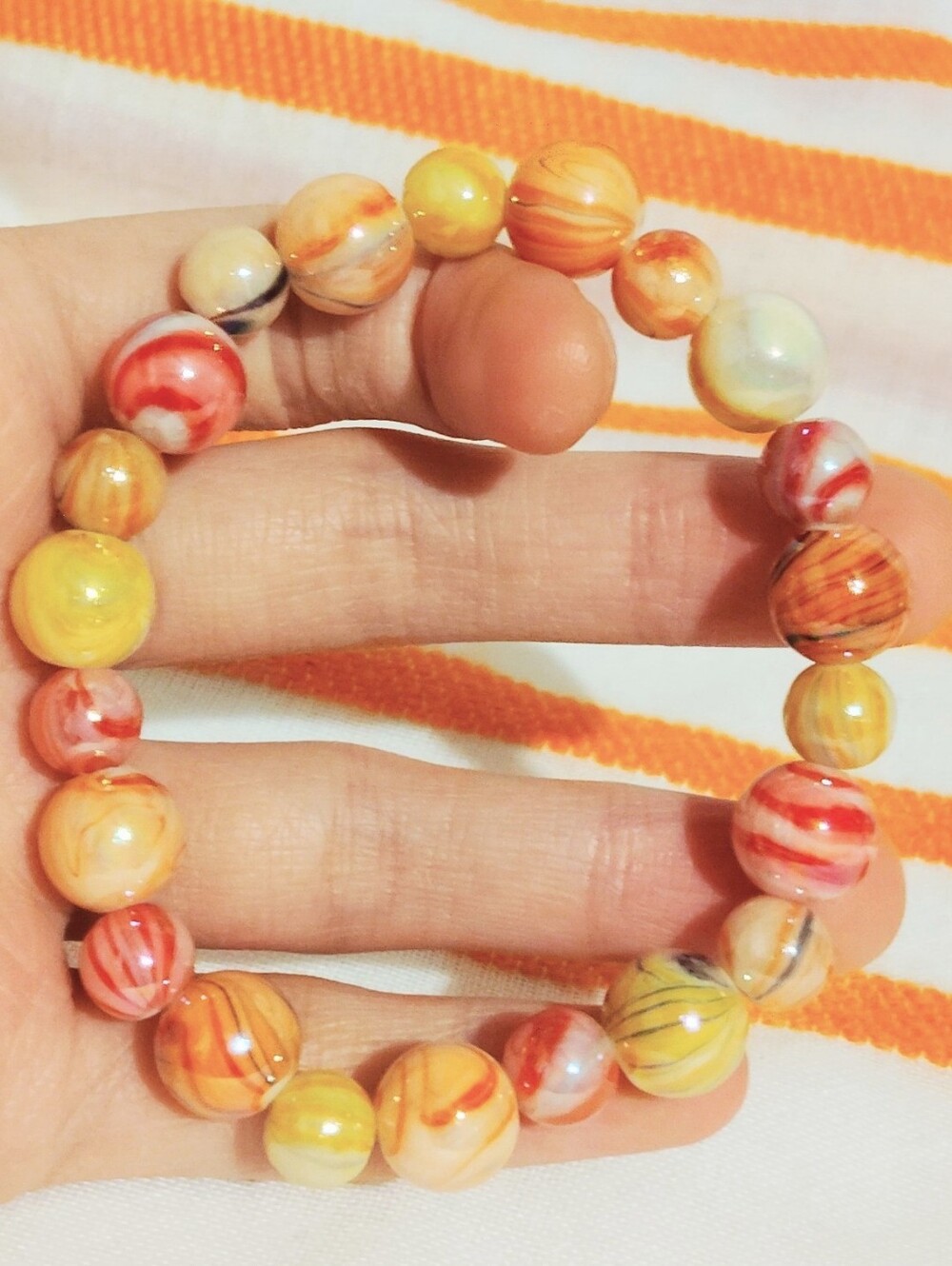 Handmade Bracelet Acrylic Swirl Beads. Orange Sunburst. Size 7